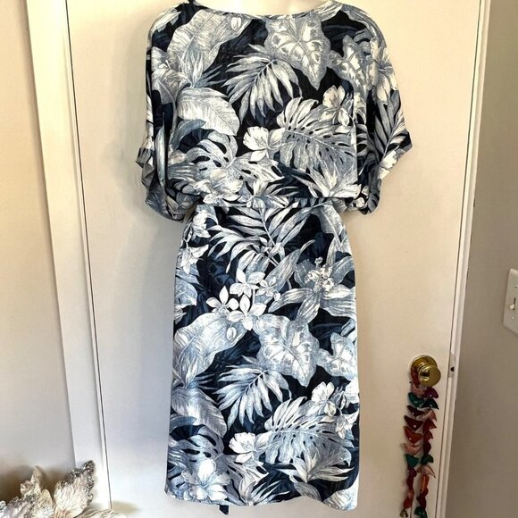 H & M LOGG NAVY BLUE TROPICAL PRINT LINEN BLEND DRESS SIZE LARGE - Picture 8 of 11